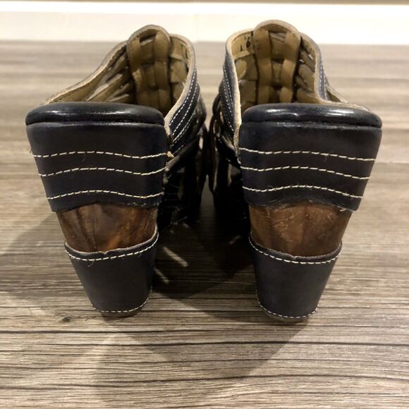 Bed Stu Gina Wedge 6 Black Leather Brown Wood Platform Strappy Sandal Mexico - Picture 7 of 11